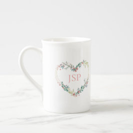 Floral Watercolor Heart with Leaves in Pink Prozellantasse