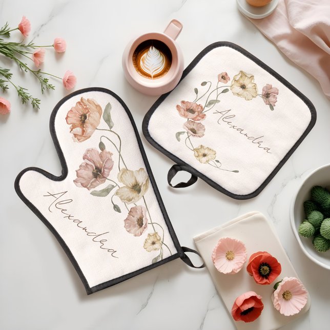 Floral Watercolor Isländische Poppies Personalisie Ofenhandschuh & Topflappen-Set (Floral Watercolor Icelandic Poppies Personalized Oven Mitt & Pot Holder Set)