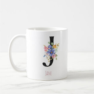 Floral Watercolor J Monogram Name Black Polka Dot Kaffeetasse