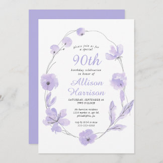 Floral Watercolor Lavender 90. Geburtstagsparty Einladung