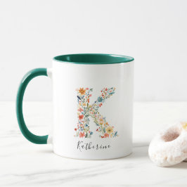 Floral Watercolor Letter K Monogramm und Individue Tasse