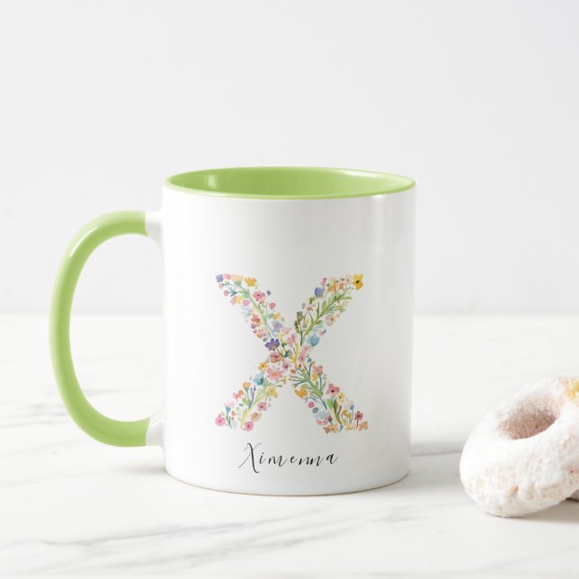 Floral Watercolor Letter X Monogramm und Individue Tasse (Mit Donut)