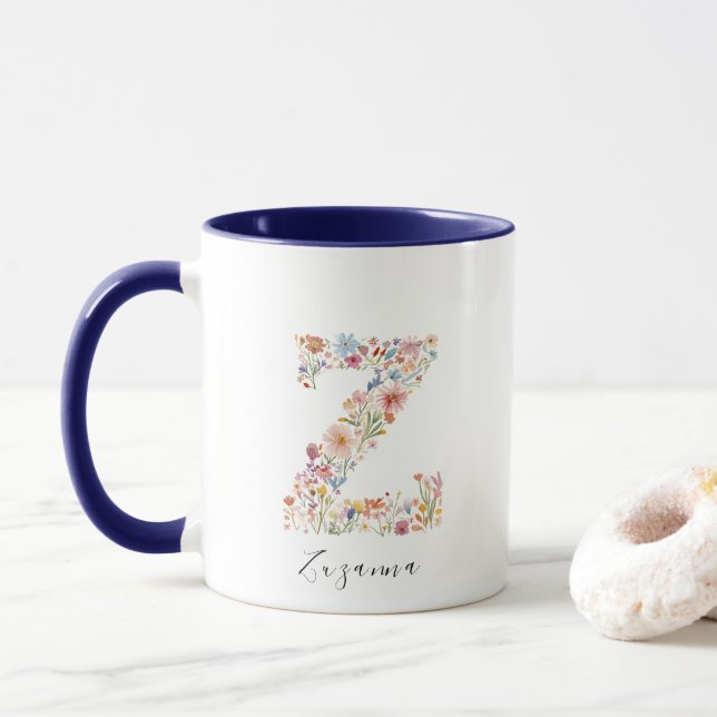 Floral Watercolor Letter Z Monogramm und Individue Tasse (Mit Donut)