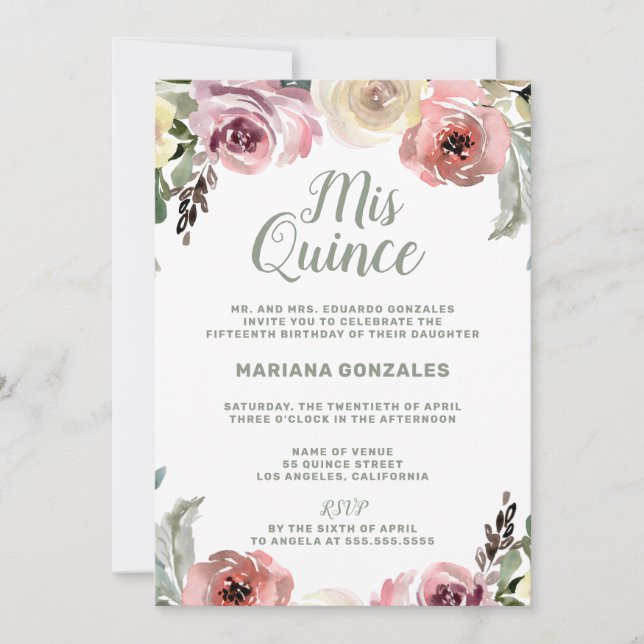 Floral Watercolor Mis Quince Quinceanera Einladung (Vorderseite)