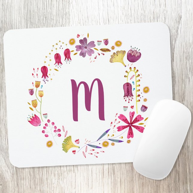 Floral Watercolor Monogram Mousepad (Floral watercolor monogram initial personalized art mousemat)