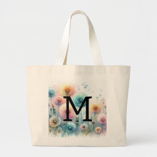 Floral watercolor monogram pink blue dandelions  jumbo stoffbeutel