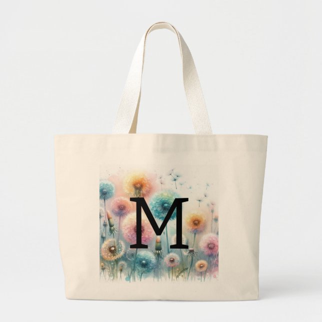 Floral watercolor monogram pink blue dandelions  jumbo stoffbeutel (Vorne)