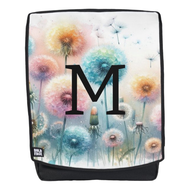 Floral watercolor monogram pink blue dandelions  rucksack (Vorderseite)