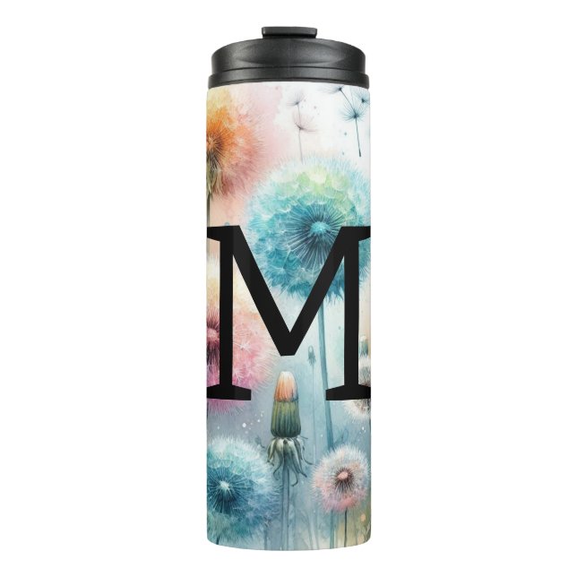 Floral watercolor monogram pink blue dandelions  thermosbecher (Vorderseite)