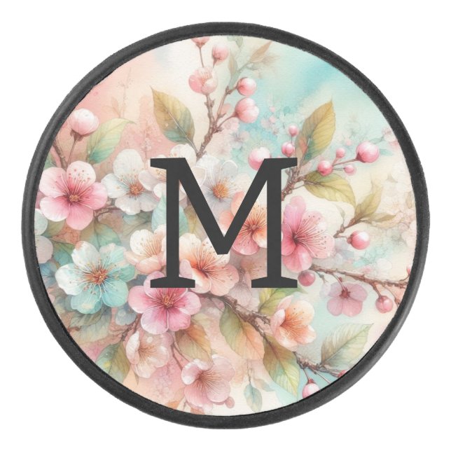 Floral watercolor monogram pink cherry blossoms  eishockey puck (Vorderseite)