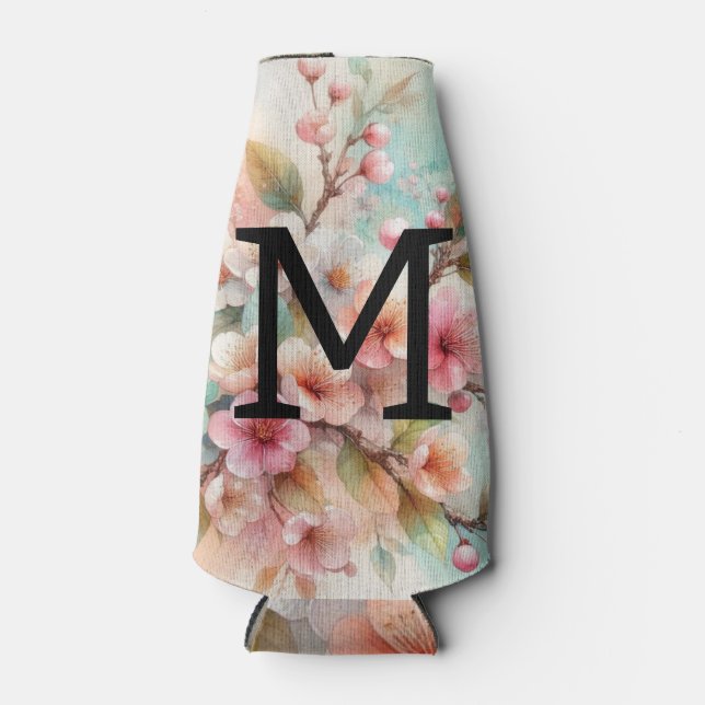 Floral watercolor monogram pink cherry blossoms  flaschenkühler (Vorderseite)