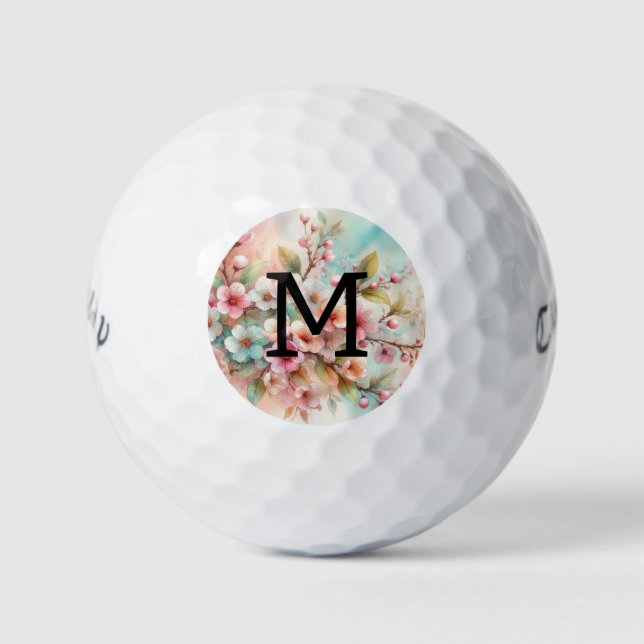 Floral watercolor monogram pink cherry blossoms  golfball (Vorderseite)