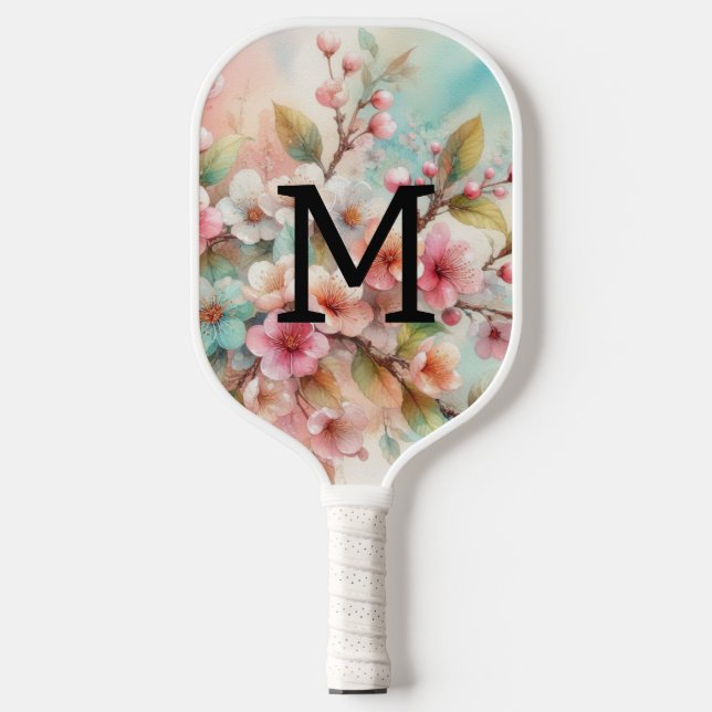 Floral watercolor monogram pink cherry blossoms  pickleball schläger (Vorderseite)