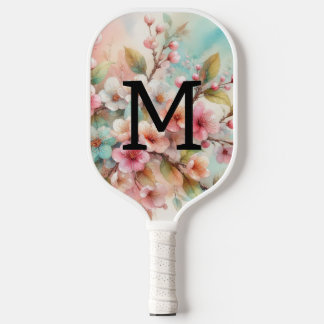 Floral watercolor monogram pink cherry blossoms  pickleball schläger