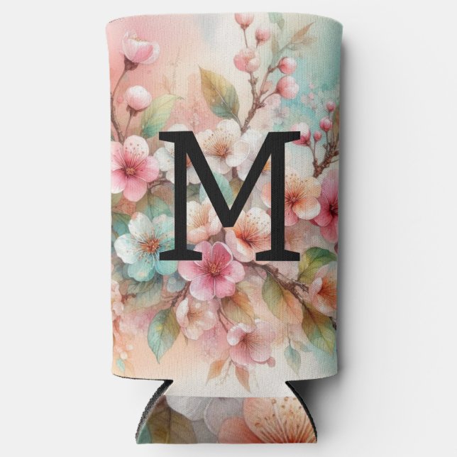 Floral watercolor monogram pink cherry blossoms  selters dosenkühler (Vorderseite)