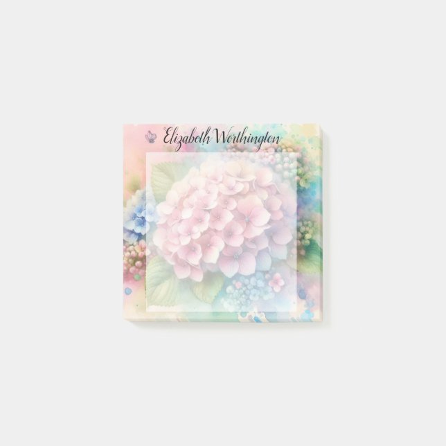 Floral watercolor monogram pink hydrangea  post-it klebezettel (Vorderseite)