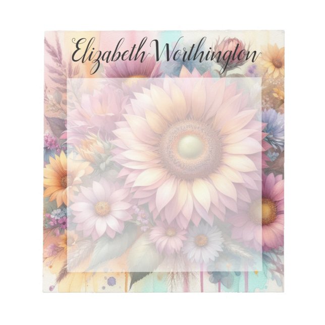 Floral watercolor monogram pink yellow sunflower  notizblock (Vorderseite)