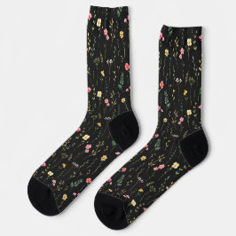 Floral watercolor pattern of wildflowers on black socken