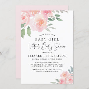 Floral Watercolor Pink Baby Girl Virtual Dusche Einladung