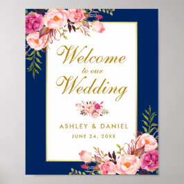 Floral Watercolor Pink Blue Gold Hochzeit Willkomm Poster