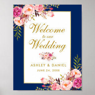 Floral Watercolor Pink Blue Gold Hochzeit Willkomm Poster