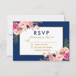 Floral Watercolor Pink Blue Gold Wedding RSVP Karte
