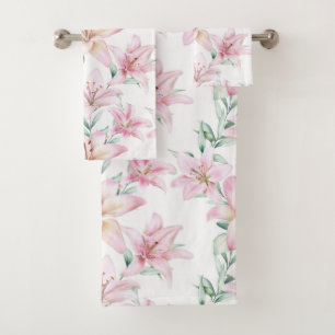Floral Watercolor Pink Lilies White Badhandtuch Set