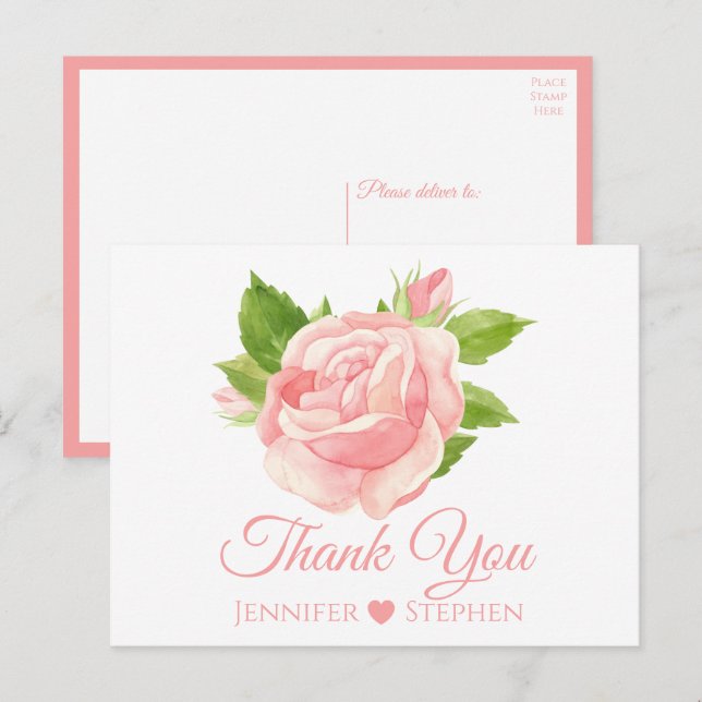Floral Watercolor Pink Rose Hochzeit Vielen Dank Postkarte (Vorne/Hinten)