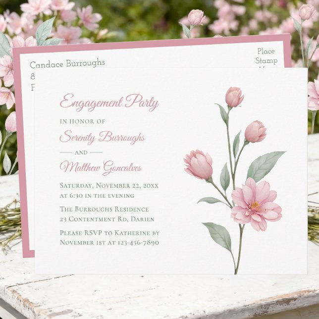 Floral Watercolor Pink Sage Engagement Party Einladungspostkarte (Von Creator hochgeladen)