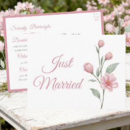Floral Watercolor Pink Sage Just Married Wedding Ankündigungspostkarte