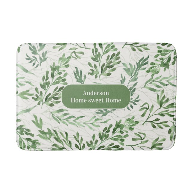 Floral Watercolor Plants, White and Green Family Badematte (Vorderseite)