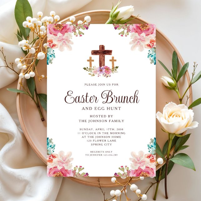 Floral Watercolor Religious Cross Osterbrunch Einladung (Floral Watercolor Religious Cross Easter Brunch Invitation)