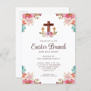 Floral Watercolor Religious Cross Osterbrunch Einladungspostkarte