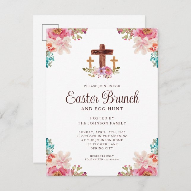 Floral Watercolor Religious Cross Osterbrunch Einladungspostkarte (Vorne/Hinten)