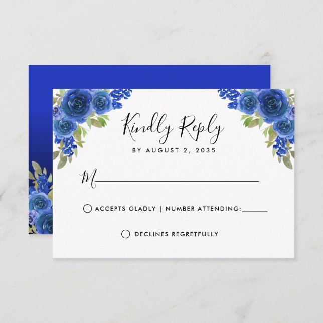 Floral Watercolor Royal Blue Quinceanera RSVP Karte (Vorne/Hinten)