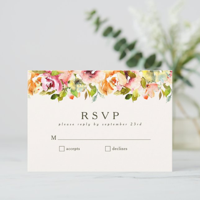 Floral Watercolor Rustic Country Burgundy Wedding RSVP Karte (Stehend Vorderseite)