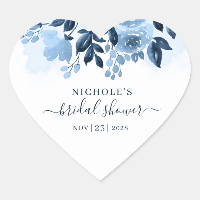 Floral Watercolor Script Navy Blue Brautparty Herz-Aufkleber (Vorderseite)