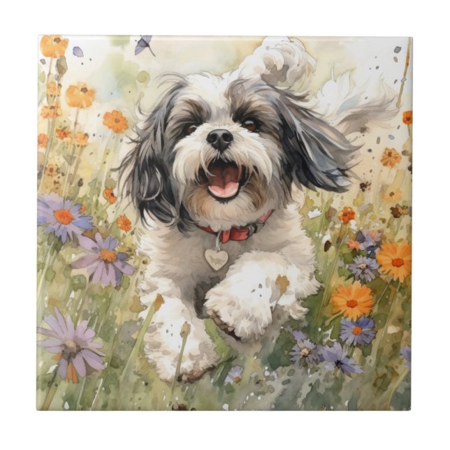 Floral Watercolor Shih Tzu läuft durch Blume Fliese (Vorderseite)