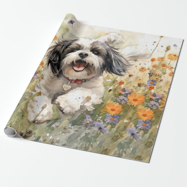Floral Watercolor Shih Tzu läuft durch Blume Geschenkpapier (Ungerollt)