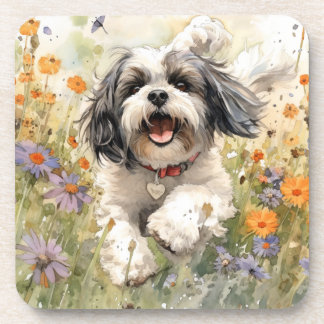 Floral Watercolor Shih Tzu läuft durch Blume Getränkeuntersetzer