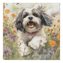 Floral Watercolor Shih Tzu läuft durch Blume