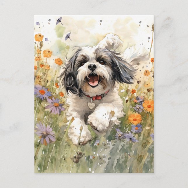 Floral Watercolor Shih Tzu läuft durch Blume Postkarte (Vorderseite)