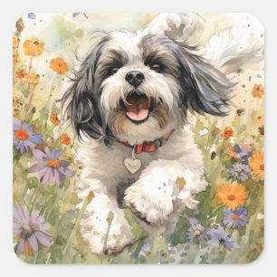 Floral Watercolor Shih Tzu läuft durch Blume Quadratischer Aufkleber