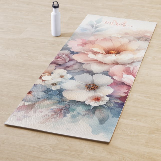 Floral Watercolor Stilvolle Pastelle Name Monogram Yogamatte (Beispiel)