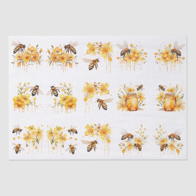 Floral Watercolor Summer Honey Bees Decoupage Seidenpapier (Vorderseite)