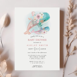 Floral Watercolor Whales Girl Babydusche Einladung