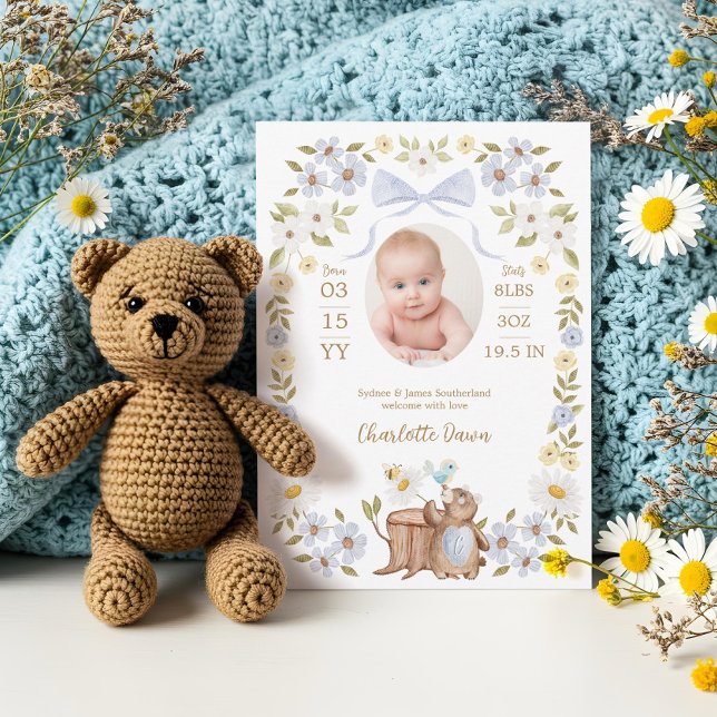 Floral Watercolor Woodland Bärenjunge Foto Geburt Ankündigung (Floral Watercolor Woodland Bear Boy Photo Birth Announcement)