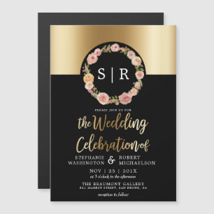 Floral Watercolor Wraath Gold & Black Wedding Magneteinladung