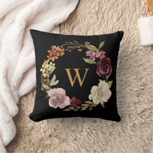Floral Watercolor Wreath Monogram Black Kissen