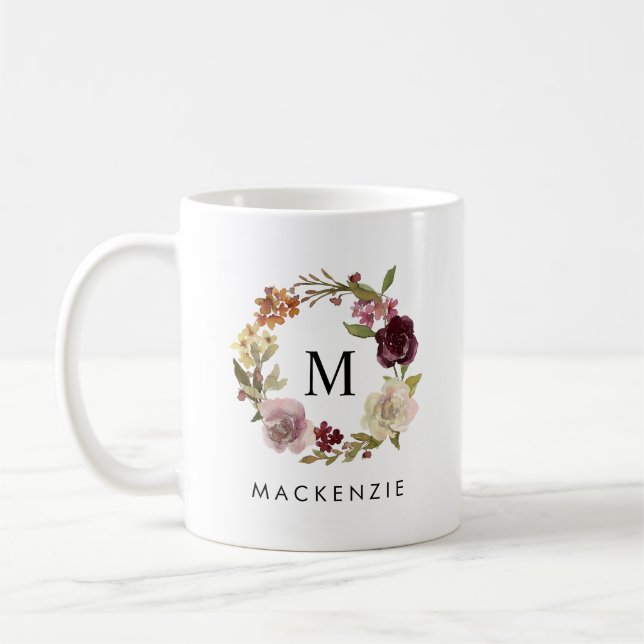 Floral Watercolor Wreath Monogram Name Kaffeetasse (Links)